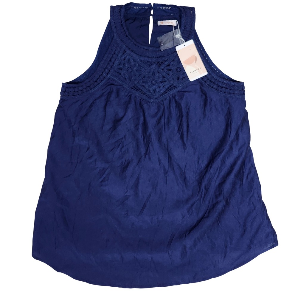 NWT Kirundo Womens Tank Top Navy Blue Crochet Lace Halter Neck Boho Flowy M